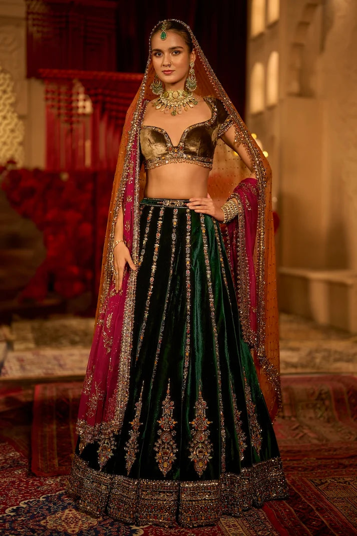 Seema Gujral - Emerald Green Velvet Lehenga Set