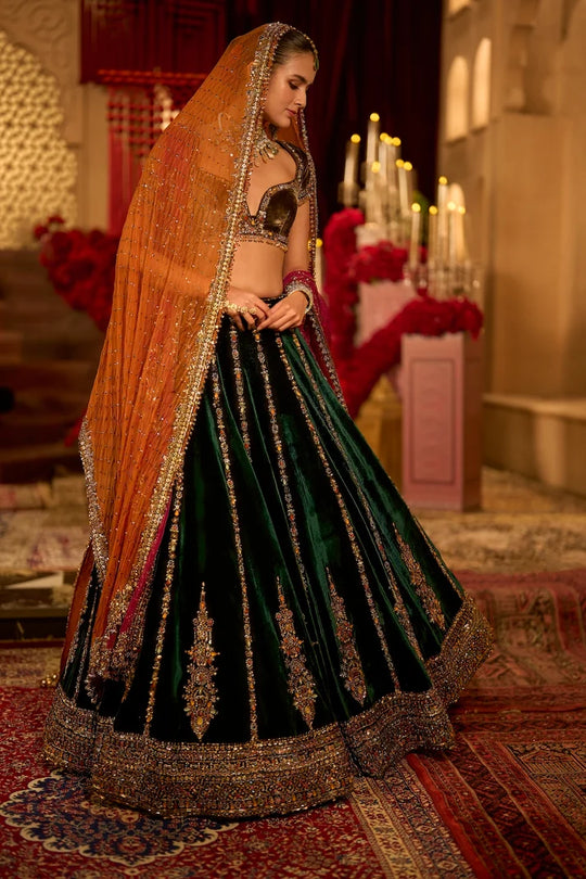 Seema Gujral - Emerald Green Velvet Lehenga Set