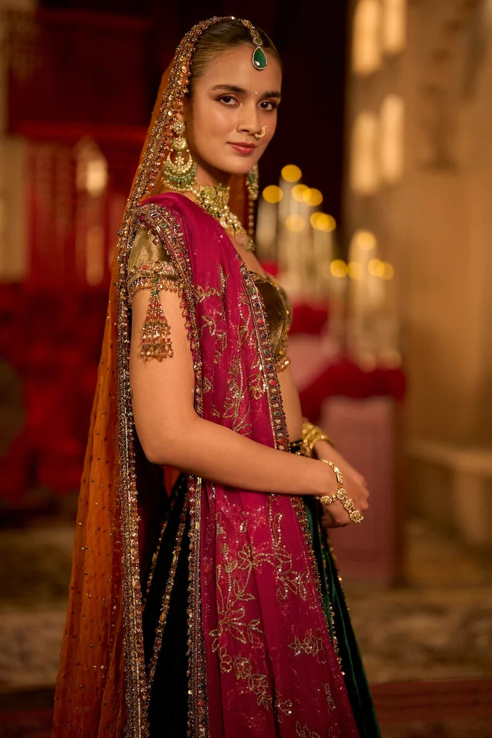 Seema Gujral - Emerald Green Velvet Lehenga Set