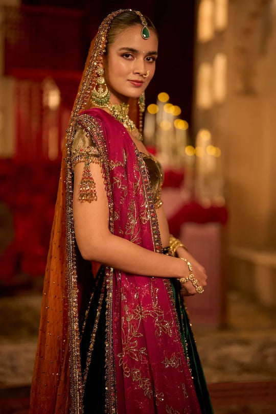 Seema Gujral - Emerald Green Velvet Lehenga Set