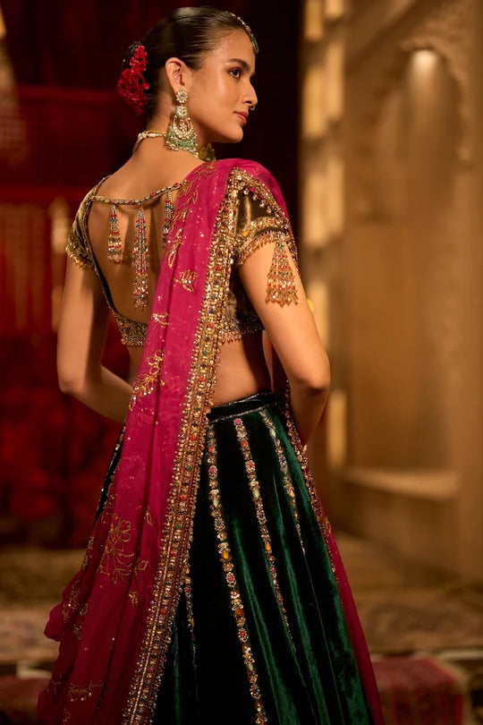 Seema Gujral - Emerald Green Velvet Lehenga Set