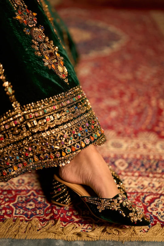 Seema Gujral - Emerald Green Velvet Lehenga Set