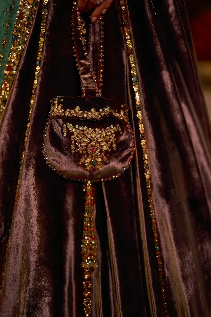 Seema Gujral - Rose Brown Velvet Lehenga Set
