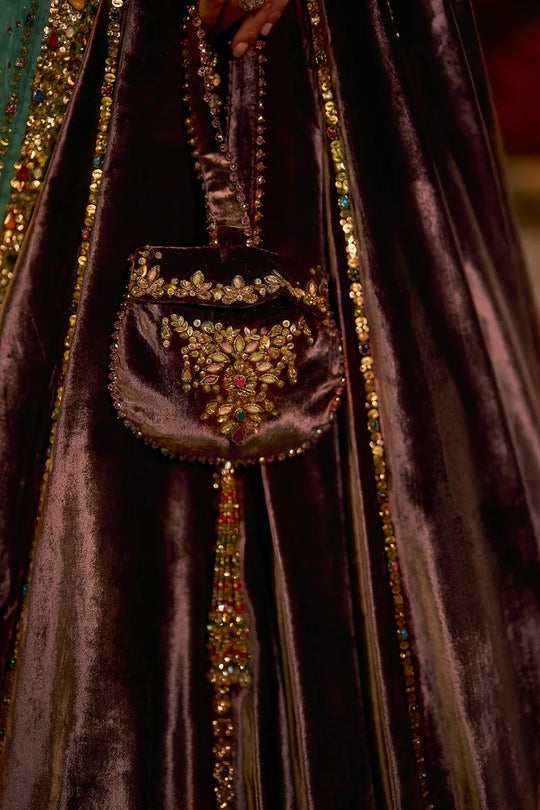Seema Gujral - Rose Brown Velvet Lehenga Set