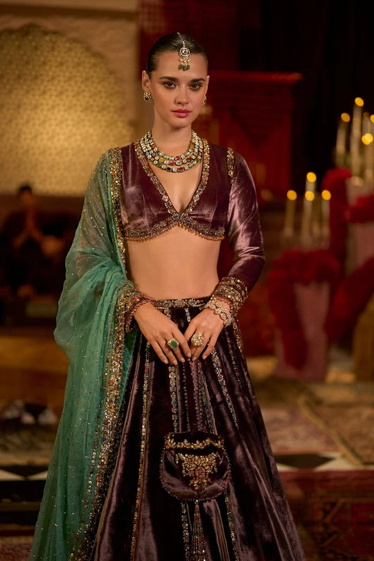 Seema Gujral - Rose Brown Velvet Lehenga Set