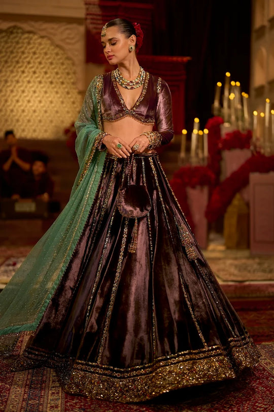 Seema Gujral - Rose Brown Velvet Lehenga Set