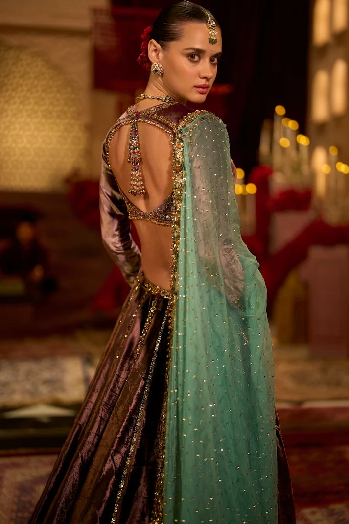 Seema Gujral - Rose Brown Velvet Lehenga Set