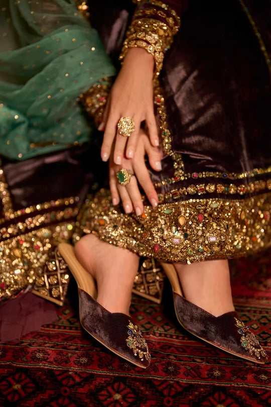 Seema Gujral - Rose Brown Velvet Lehenga Set