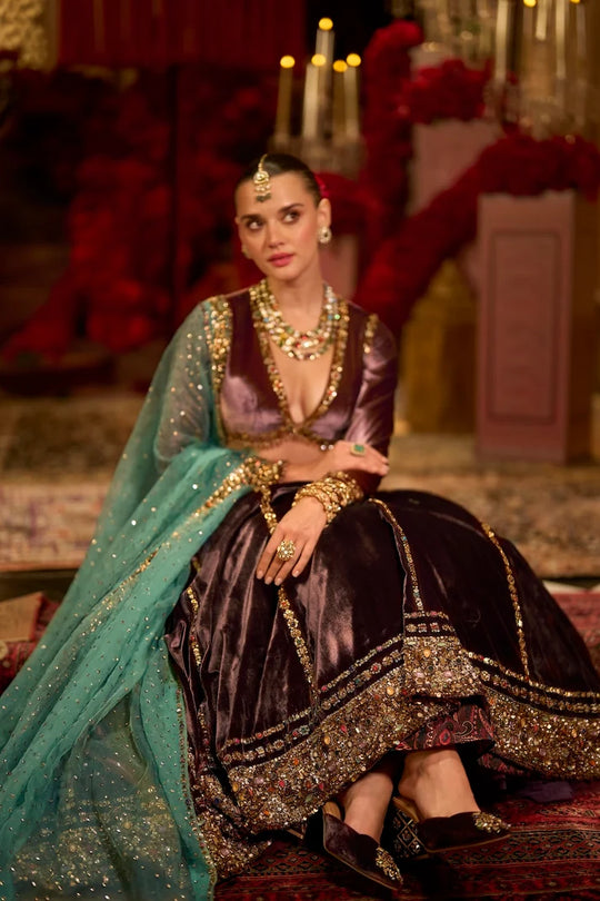Seema Gujral - Rose Brown Velvet Lehenga Set
