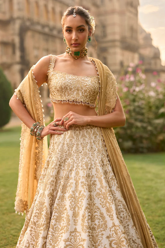Seema Gujral - Ivory Gold Lehenga Set