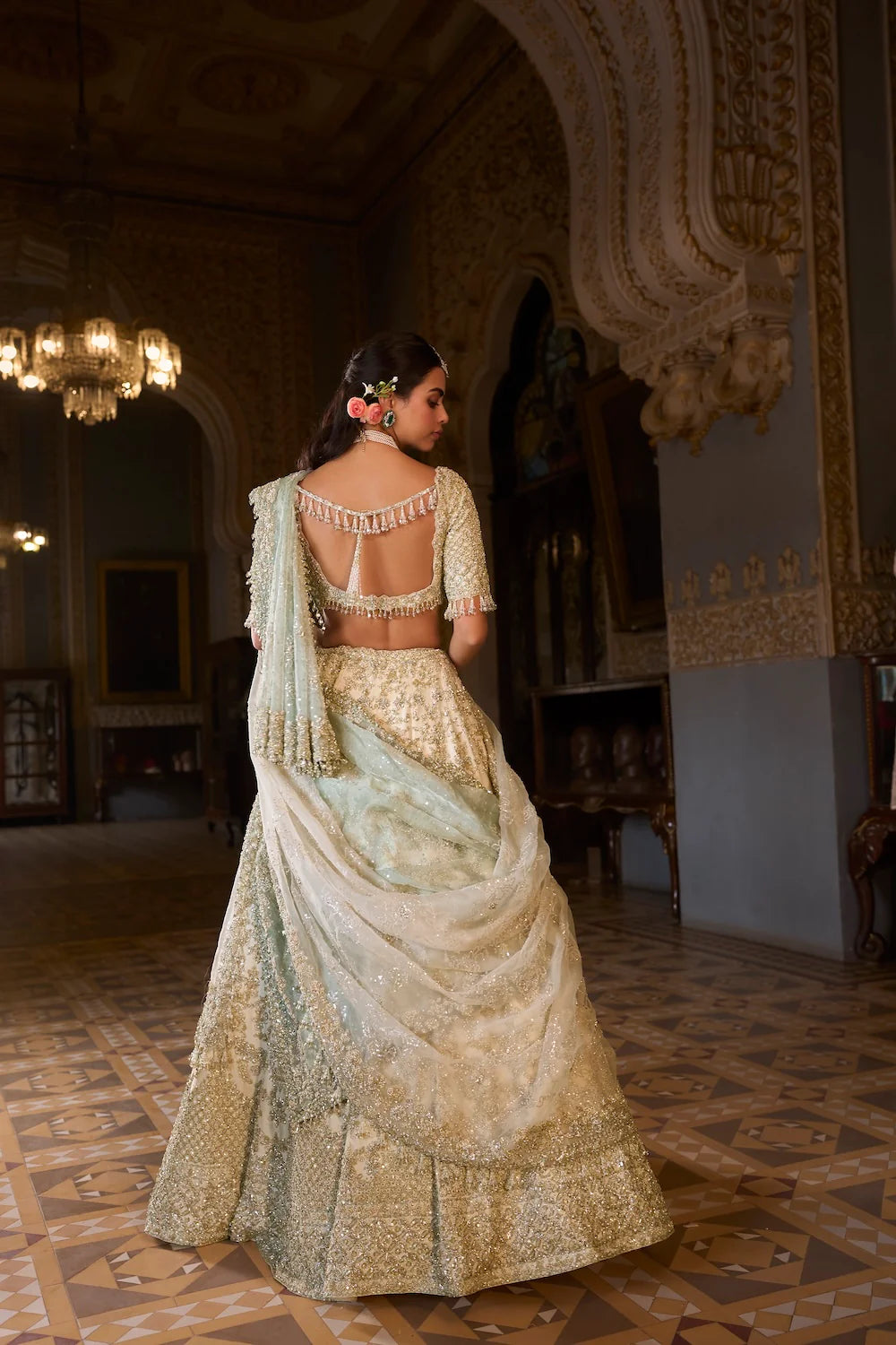Seema Gujral - Ivory Sage Zardosi Lehenga Set