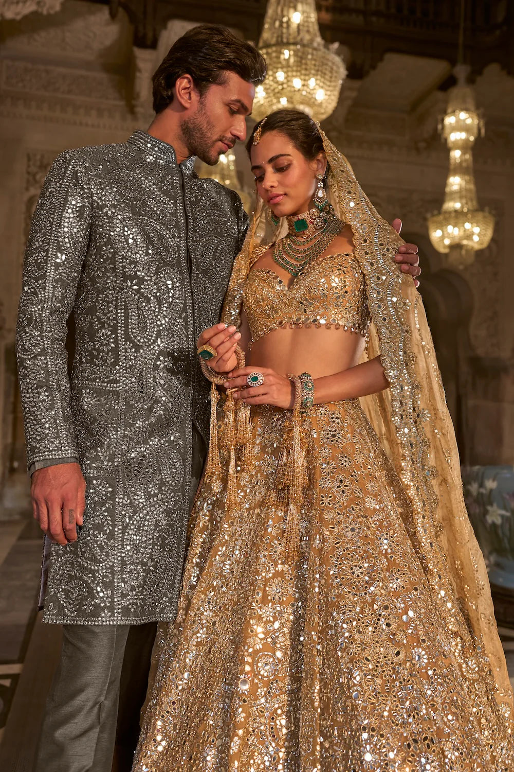 Seema Gujral - Ash Grey Mirror Work Sherwani Set