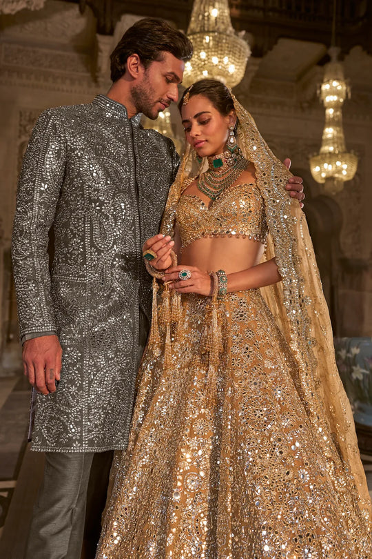 Seema Gujral - Ash Grey Mirror Work Sherwani Set