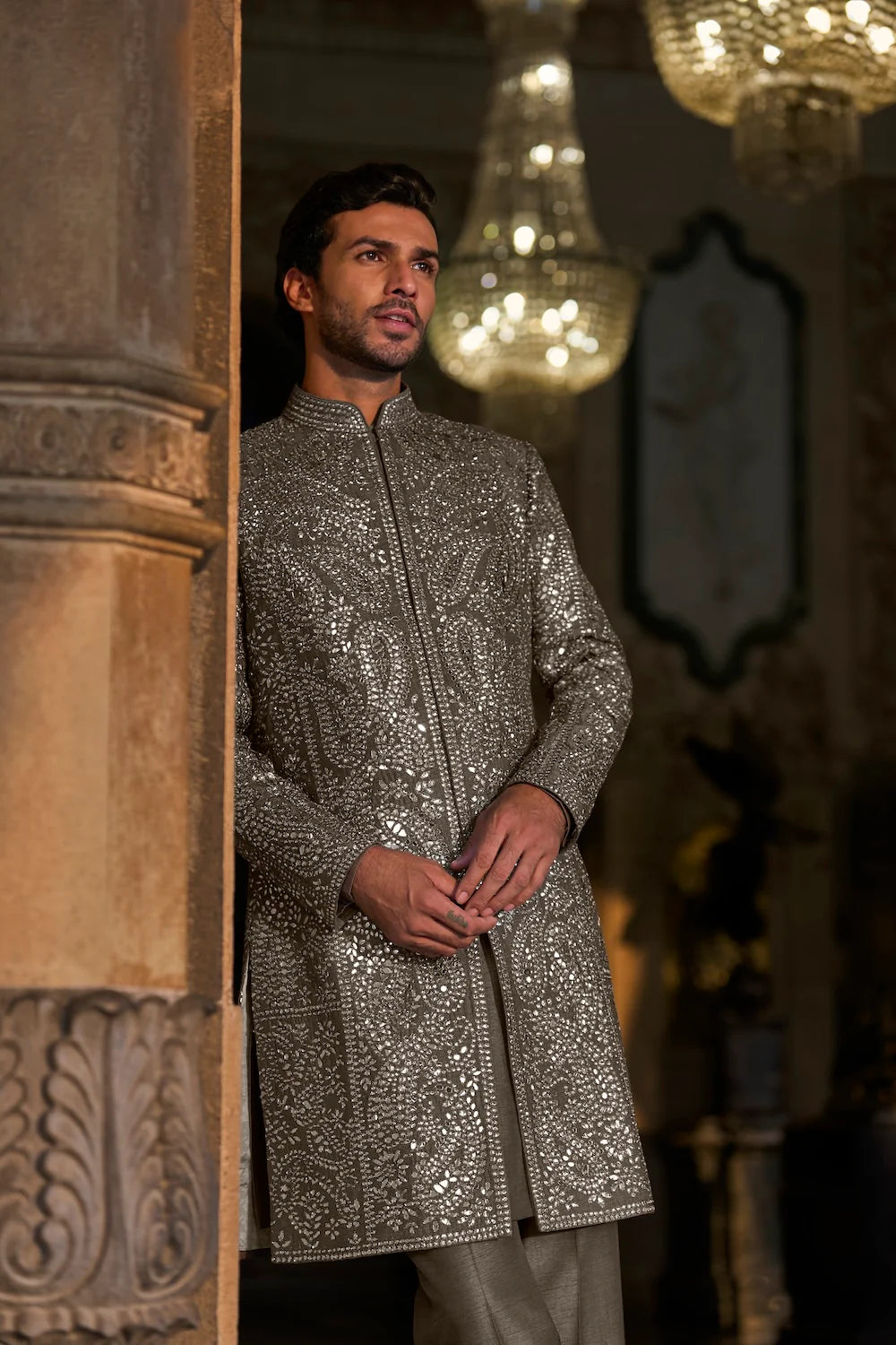 Seema Gujral - Ash Grey Mirror Work Sherwani Set