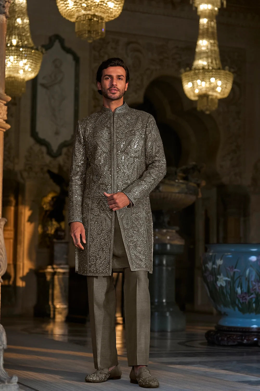 Seema Gujral - Ash Grey Mirror Work Sherwani Set