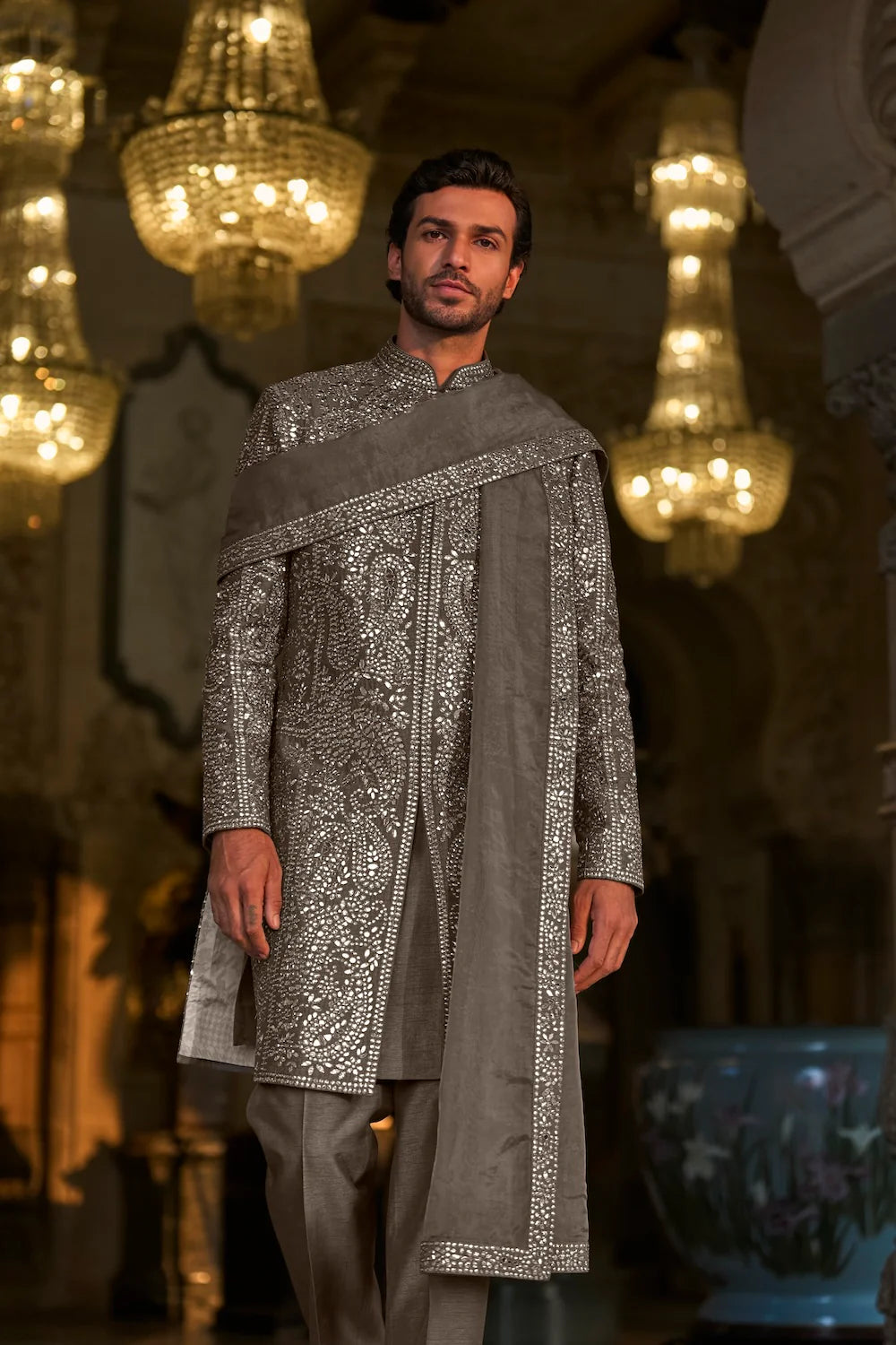 Seema Gujral - Ash Grey Mirror Work Sherwani Set