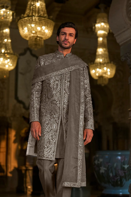 Seema Gujral - Ash Grey Mirror Work Sherwani Set