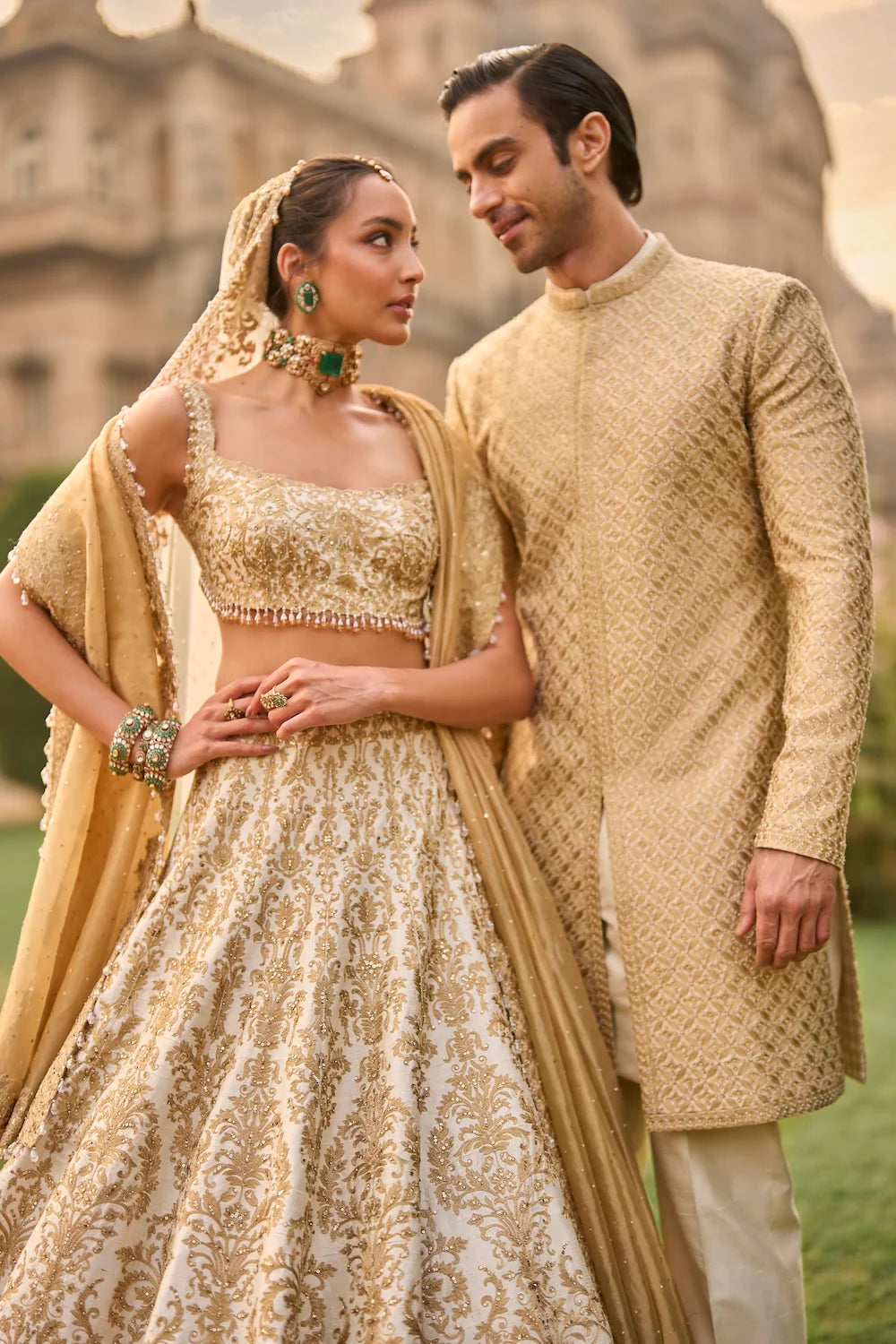 Seema Gujral - Ivory Gold Lehenga Set