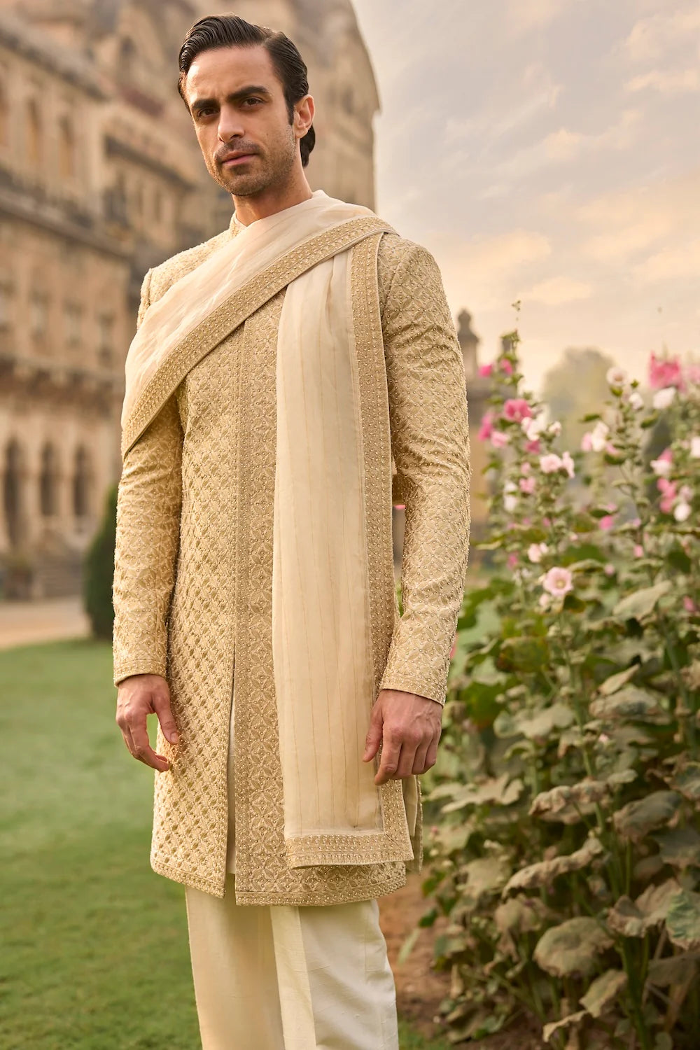 Seema Gujral - Ivory Gold Sherwani Set