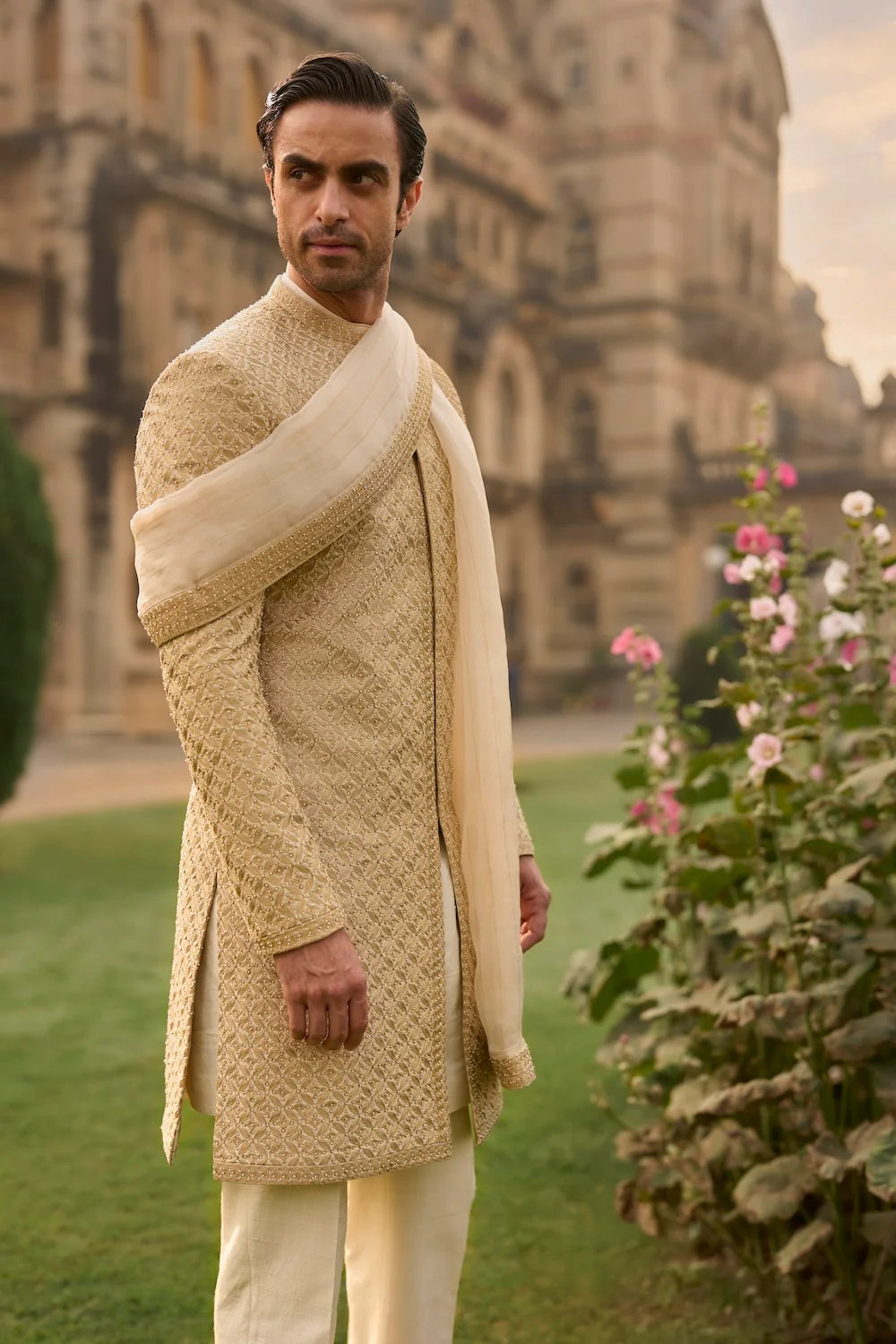 Seema Gujral - Ivory Gold Sherwani Set
