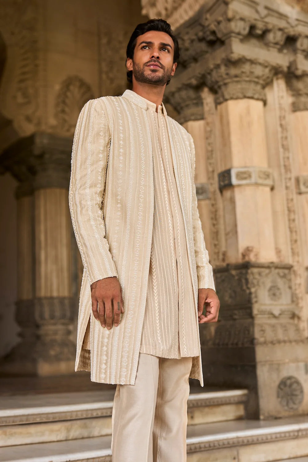 Seema Gujral - Beige Pearl Open Sherwani Set