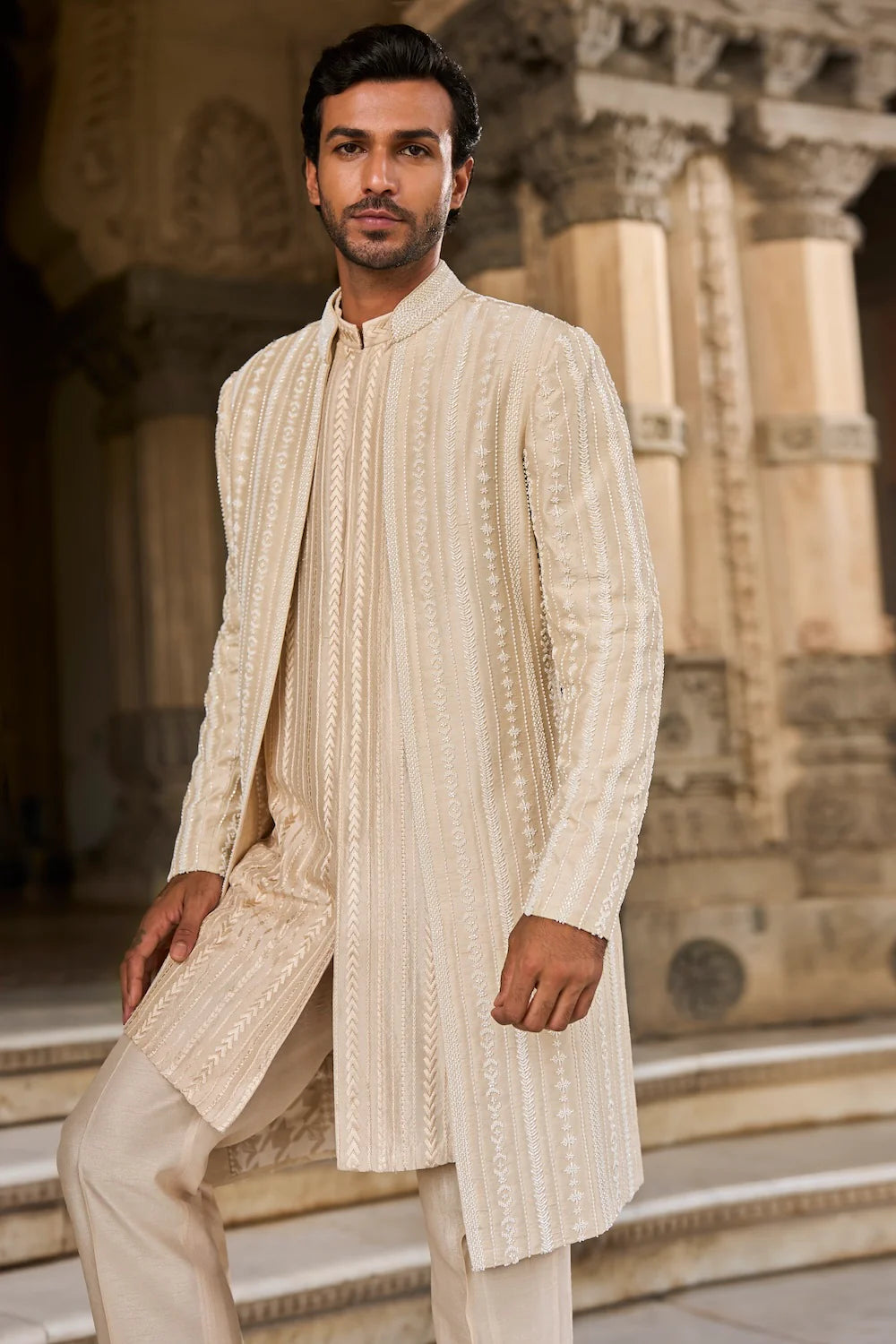 Seema Gujral - Beige Pearl Open Sherwani Set