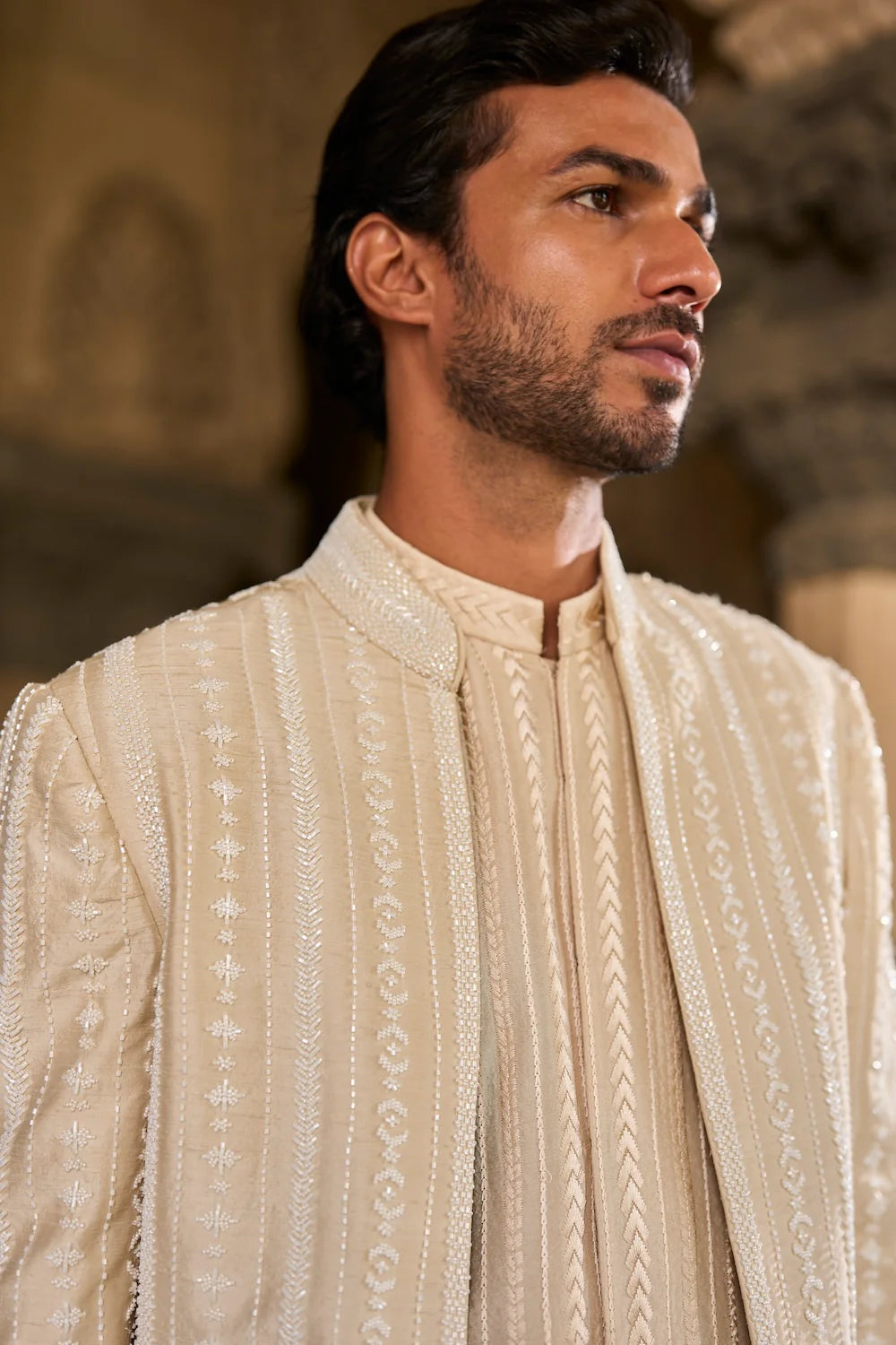 Seema Gujral - Beige Pearl Open Sherwani Set