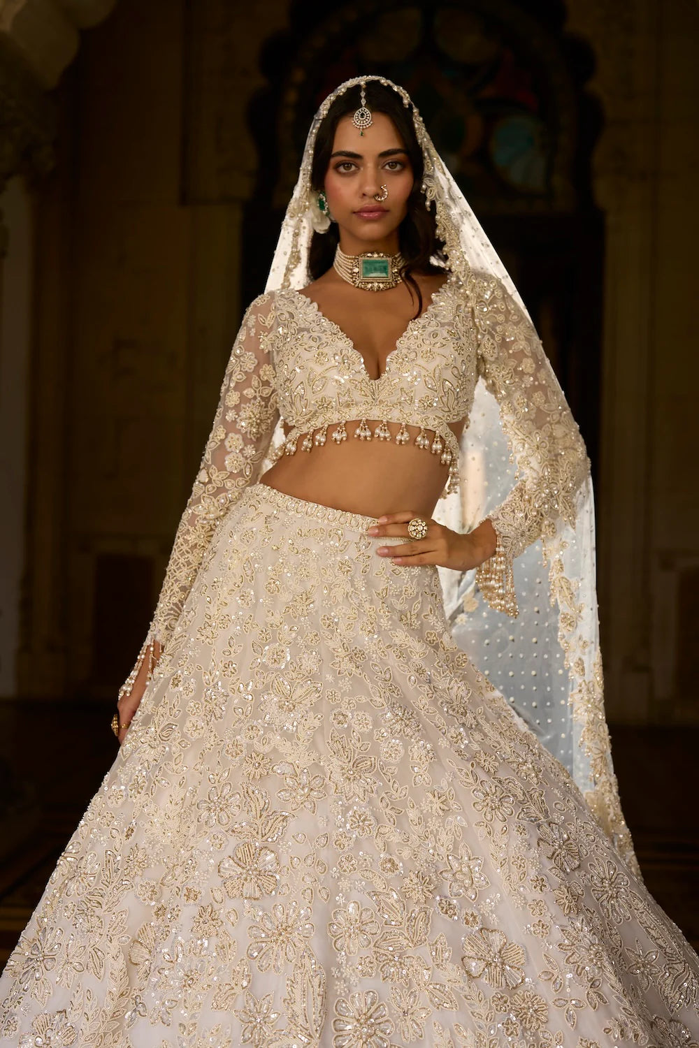 Seema Gujral - Ivory Gold Sequin Lehenga Set