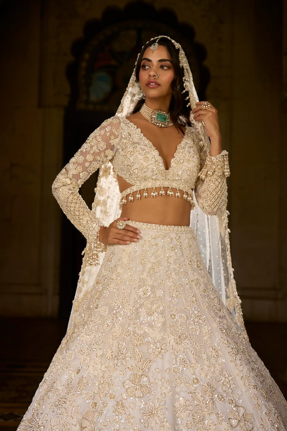Seema Gujral - Ivory Gold Sequin Lehenga Set