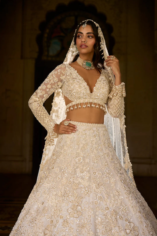 Seema Gujral - Ivory Gold Sequin Lehenga Set