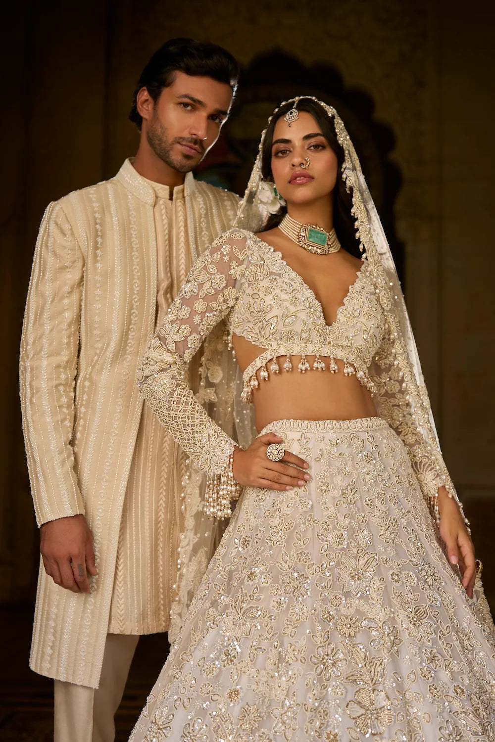 Seema Gujral - Beige Pearl Open Sherwani Set