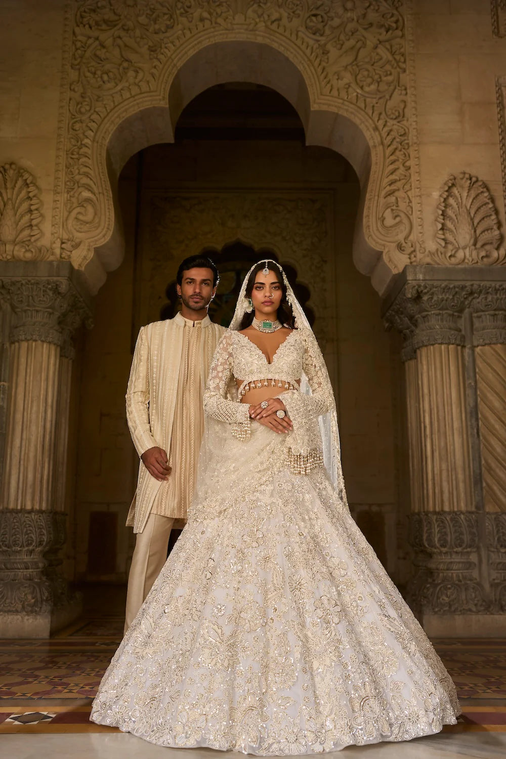 Seema Gujral - Ivory Gold Sequin Lehenga Set