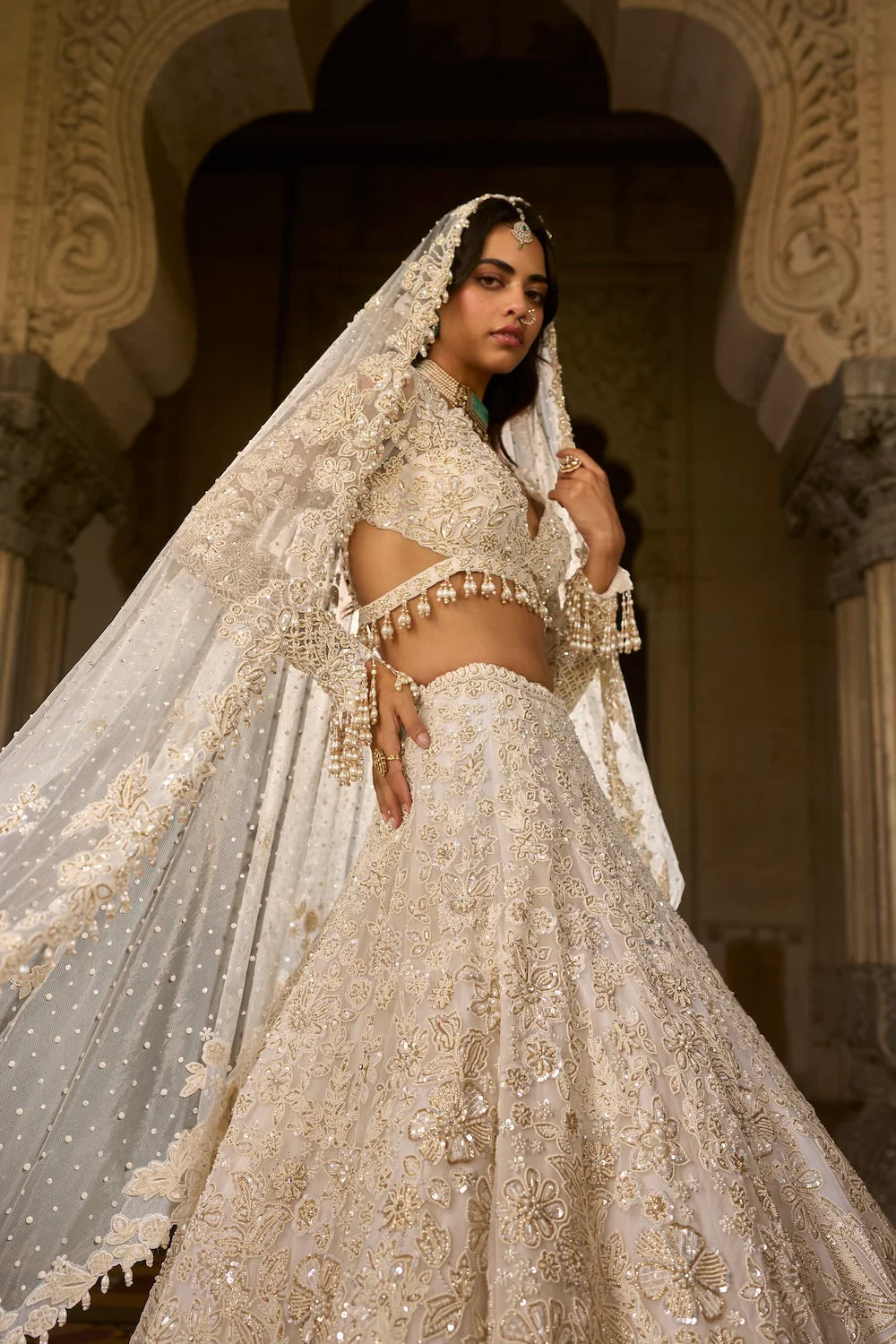 Seema Gujral - Ivory Gold Sequin Lehenga Set