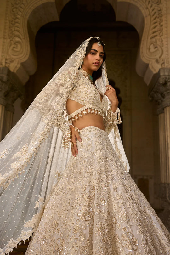 Seema Gujral - Ivory Gold Sequin Lehenga Set