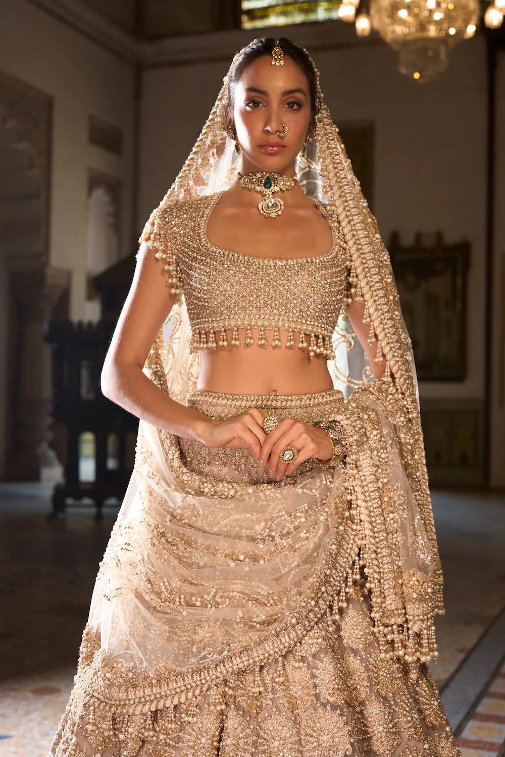 Seema Gujral - Champagne Pearl Lehenga Set