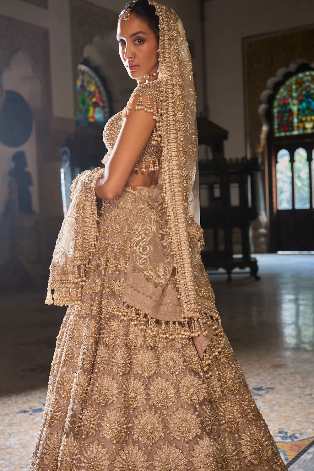 Seema Gujral - Champagne Pearl Lehenga Set