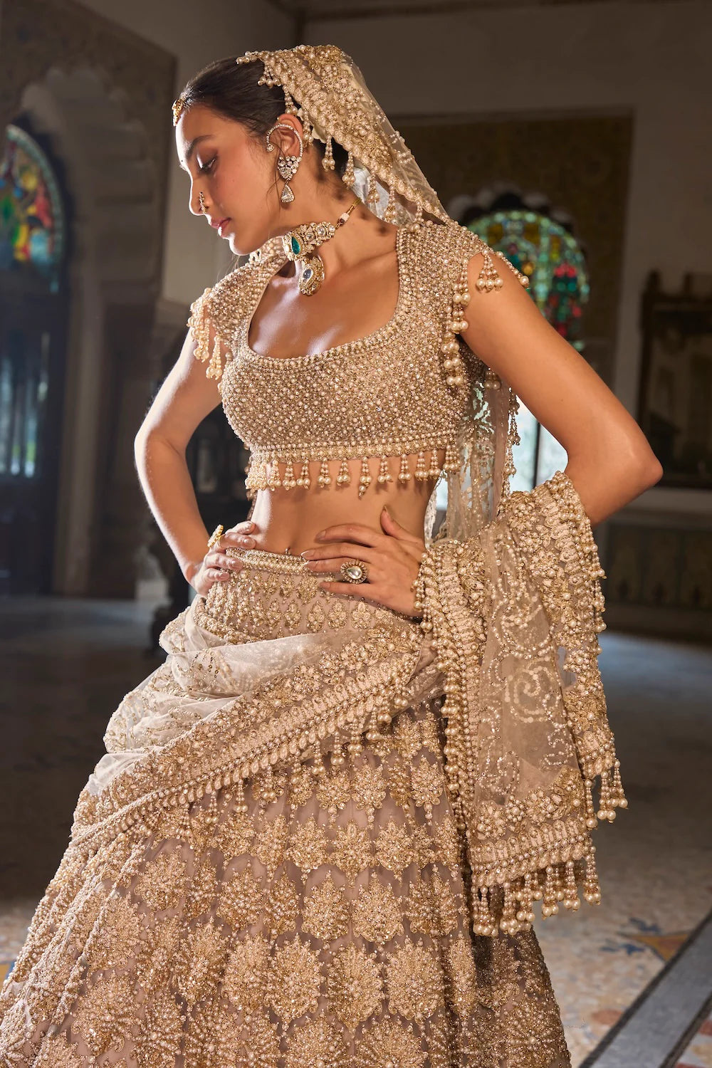 Seema Gujral - Champagne Pearl Lehenga Set