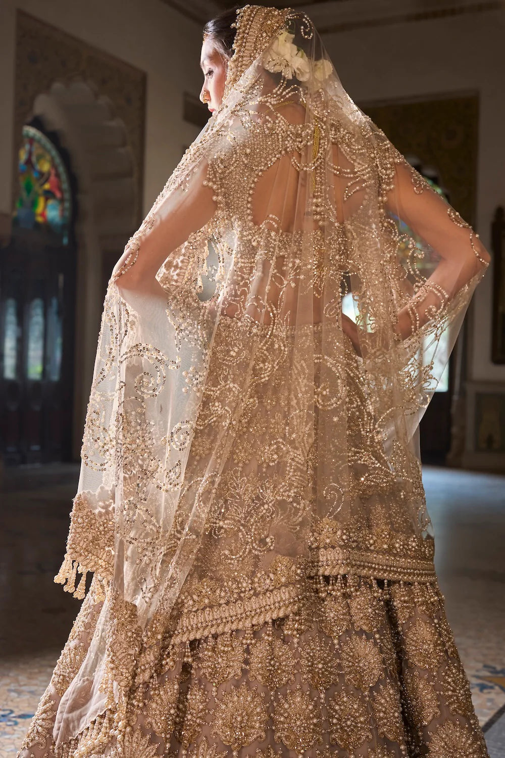 Seema Gujral - Champagne Pearl Lehenga Set