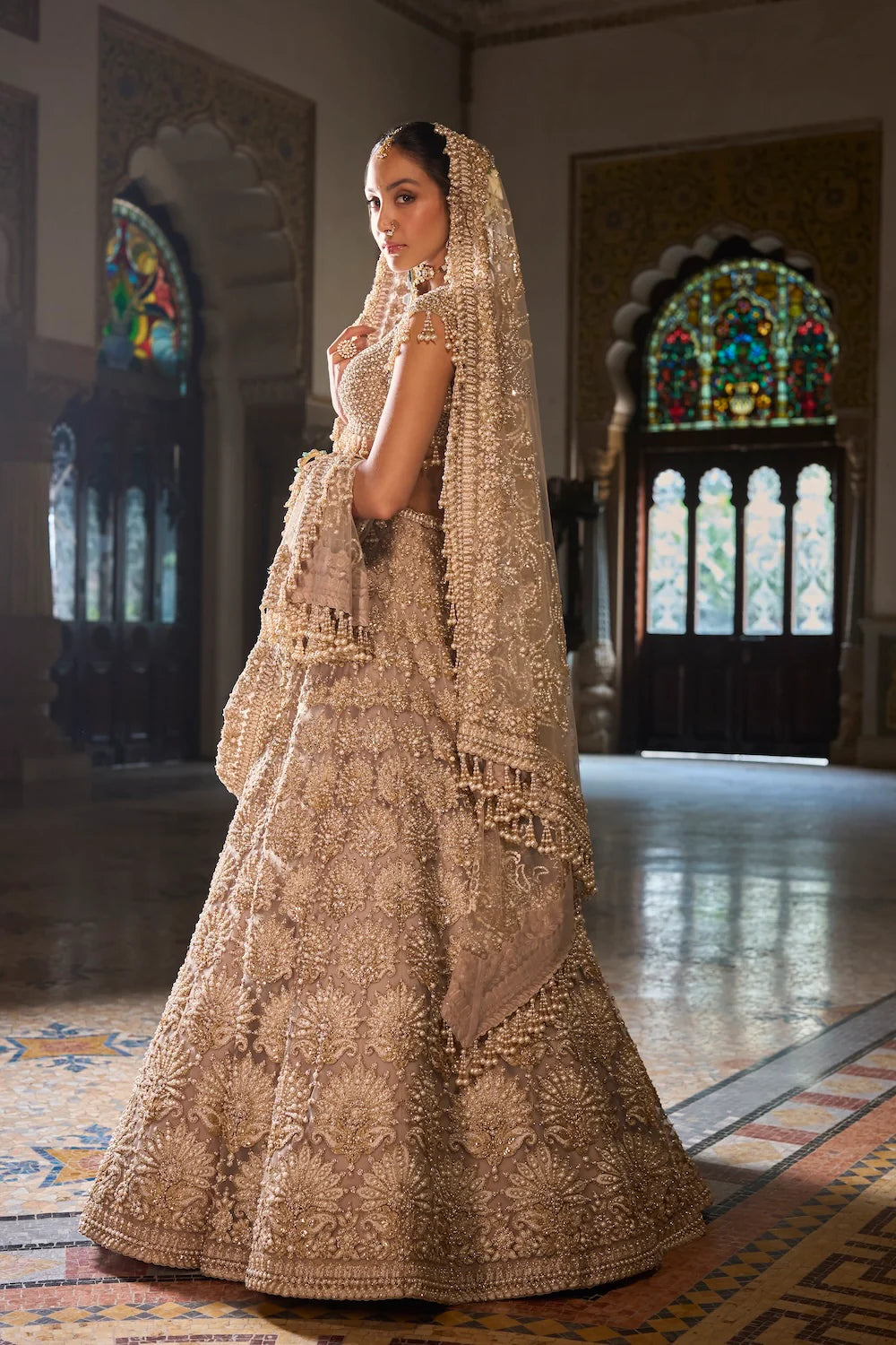Seema Gujral - Champagne Pearl Lehenga Set