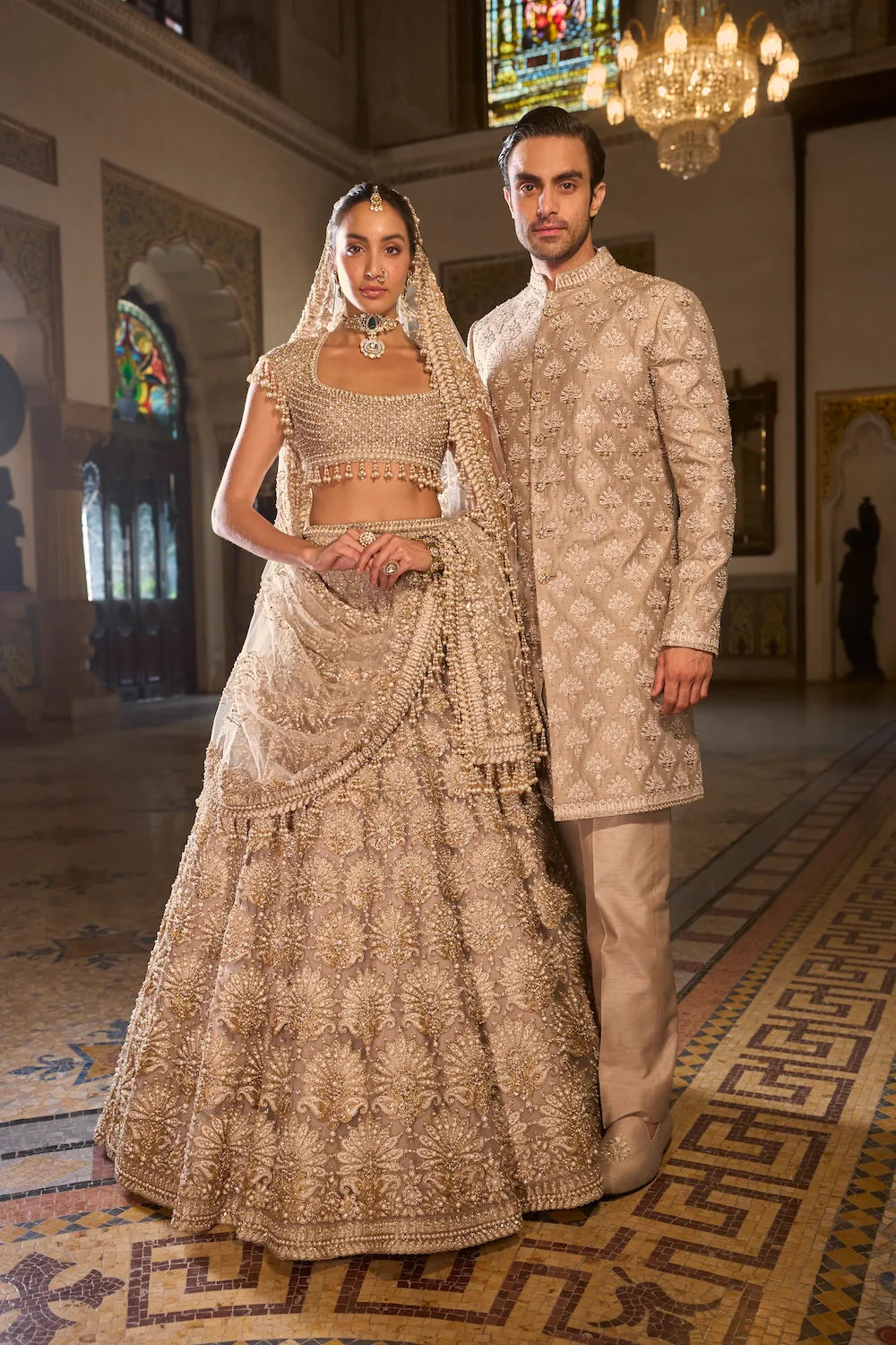 Seema Gujral - Champagne Pearl Lehenga Set