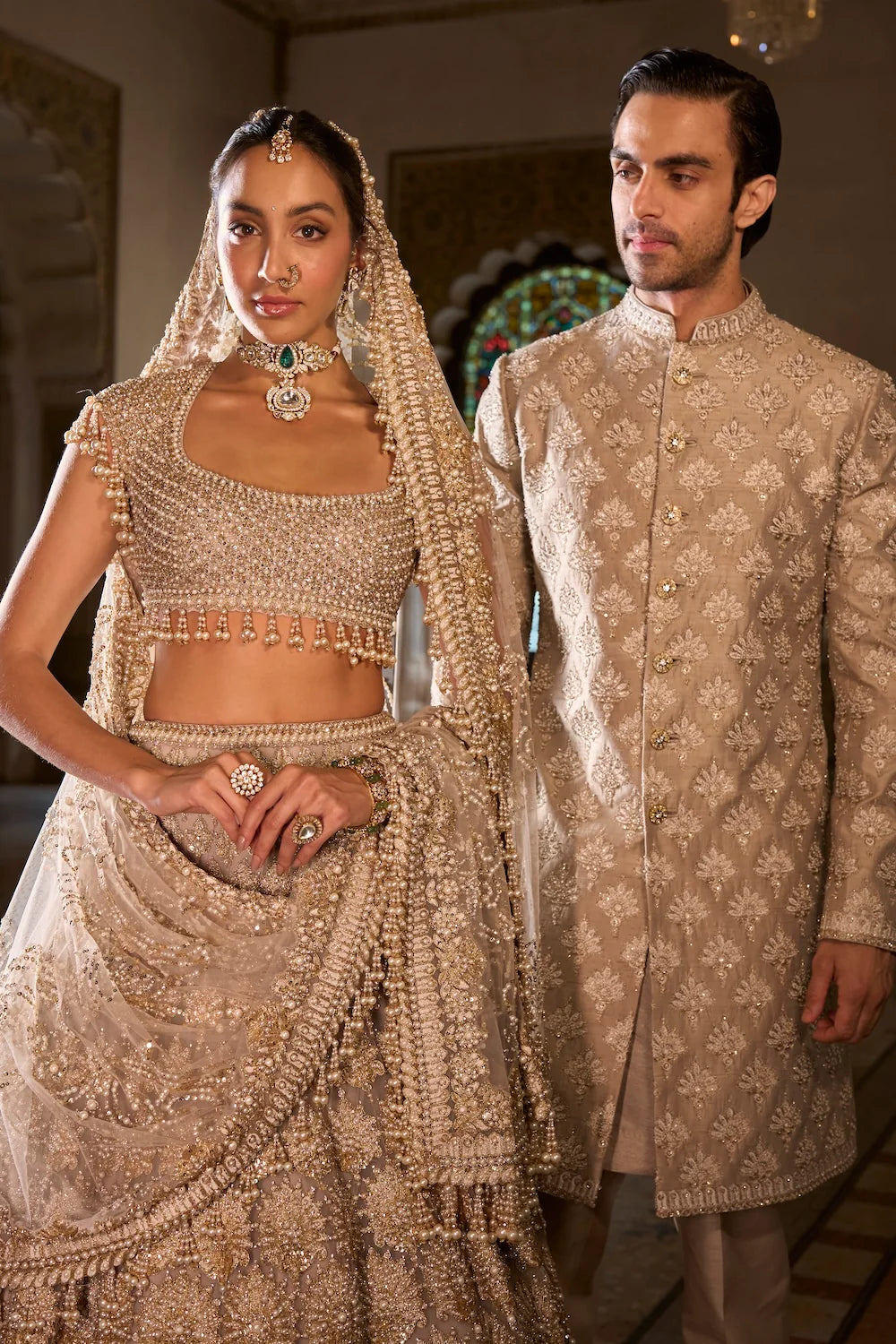 Seema Gujral - Champagne Pearl Lehenga Set