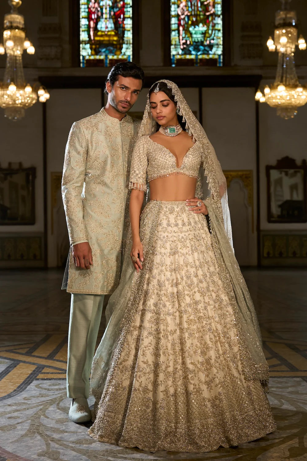 Seema Gujral - Ivory Sage Zardosi Lehenga Set