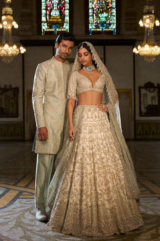 Seema Gujral - Ivory Sage Zardosi Lehenga Set