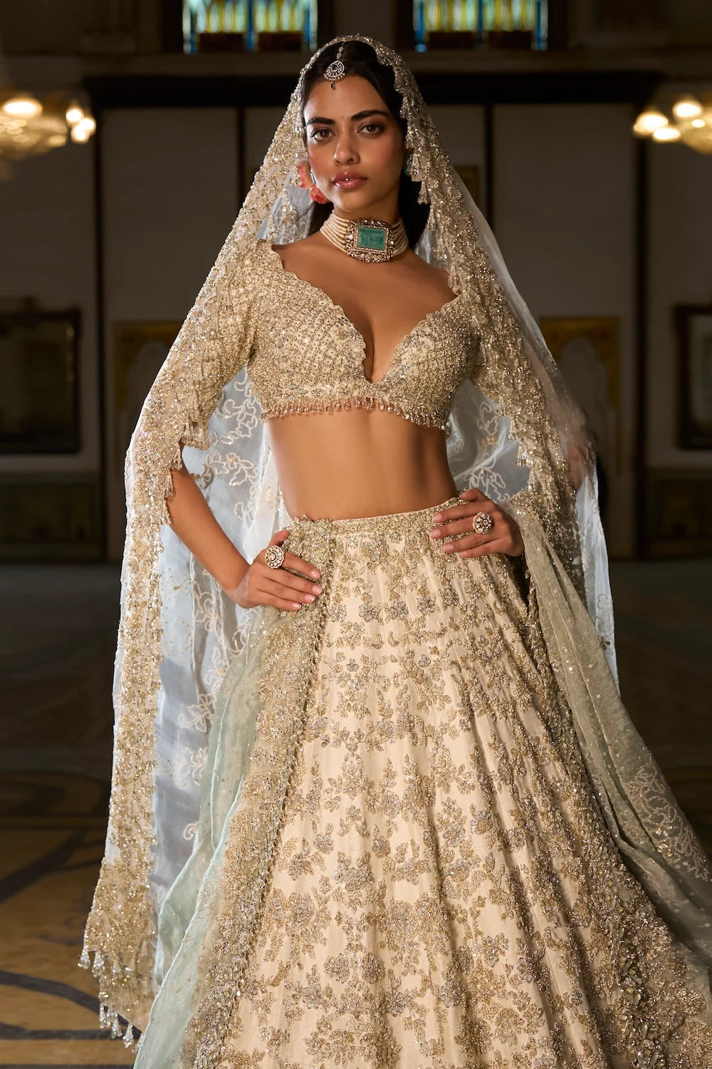 Seema Gujral - Ivory Sage Zardosi Lehenga Set