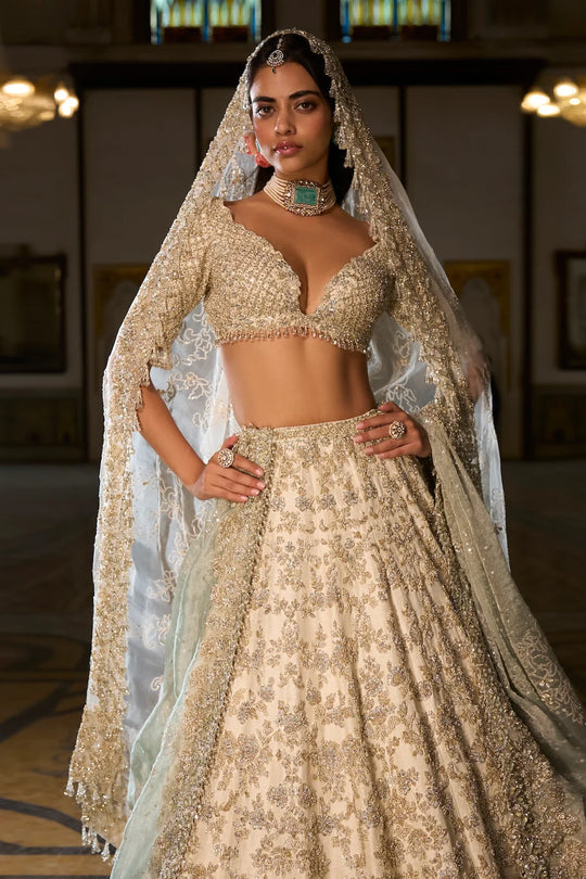 Seema Gujral - Ivory Sage Zardosi Lehenga Set