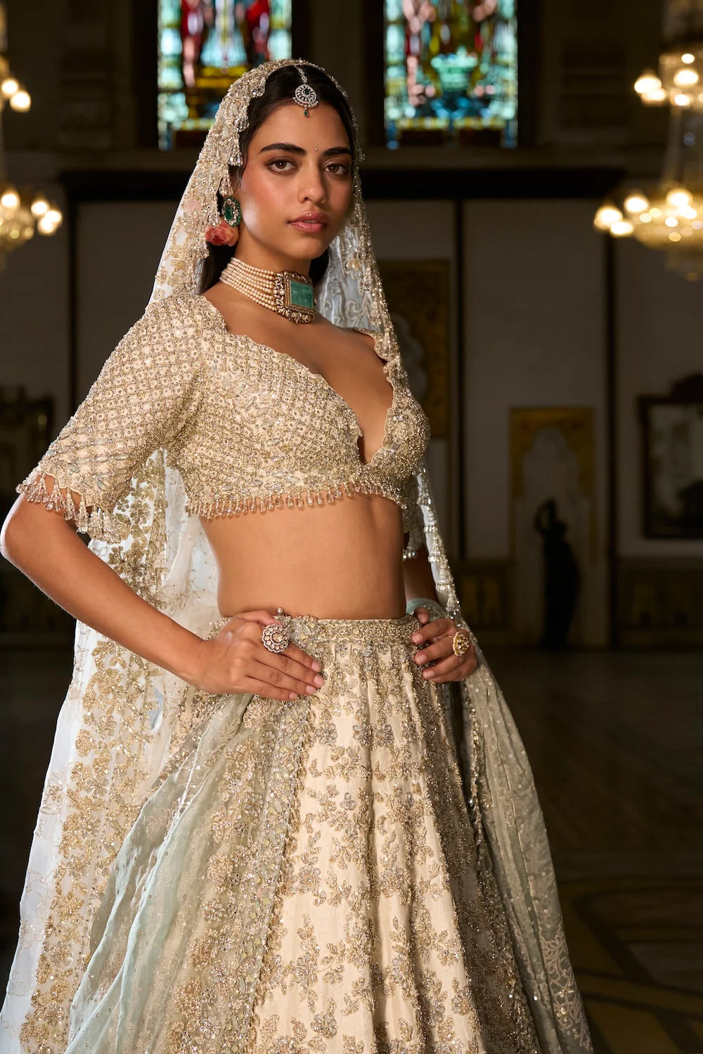 Seema Gujral - Ivory Sage Zardosi Lehenga Set