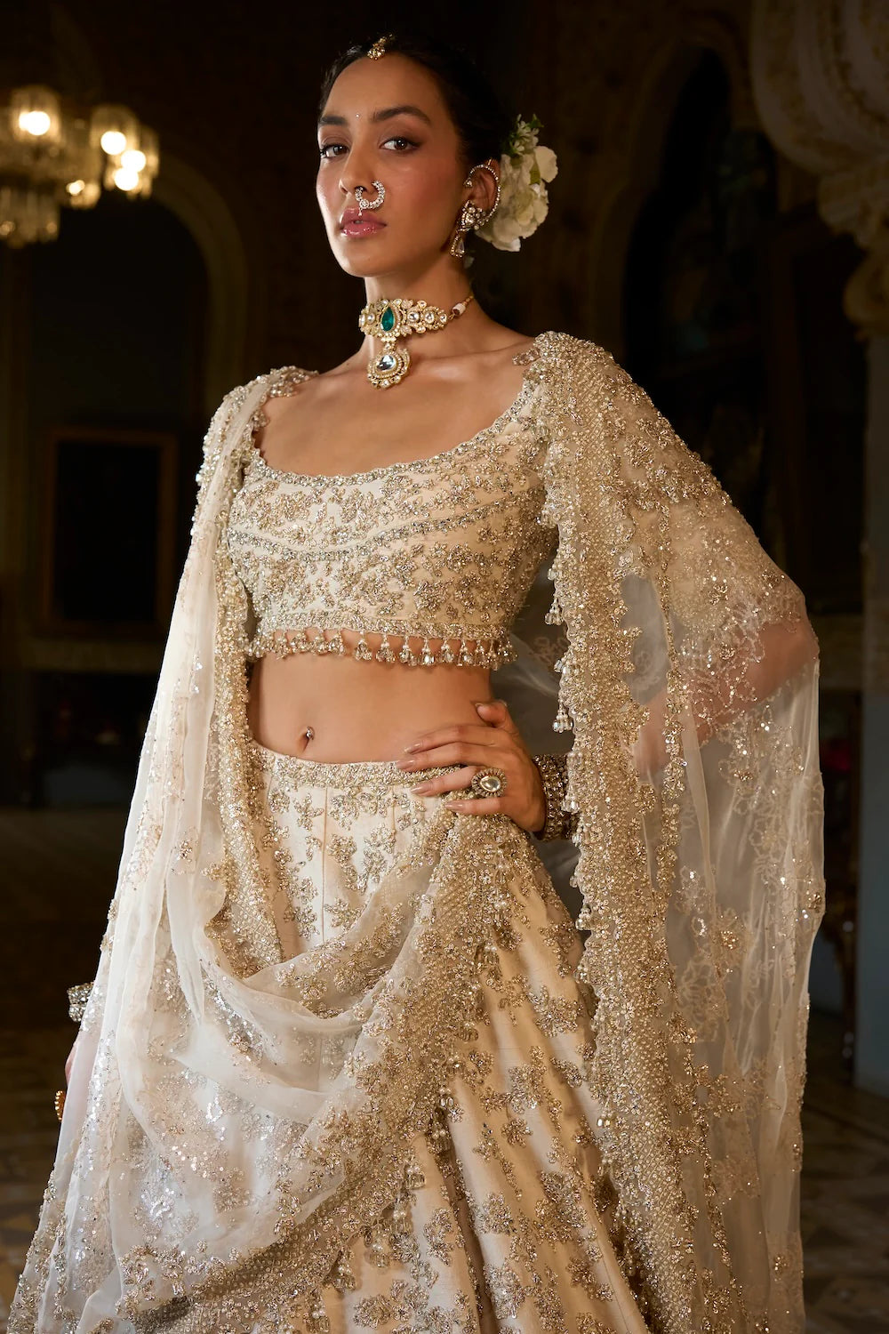 Seema Gujral - Beige Zardosi Lehenga Set