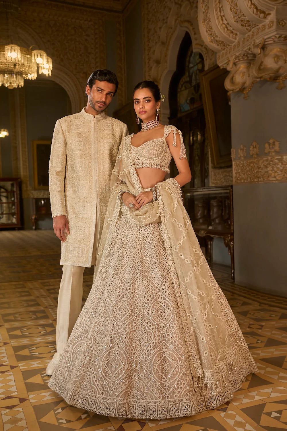 Seema Gujral - Dark Beige Thread Work Lehenga Set