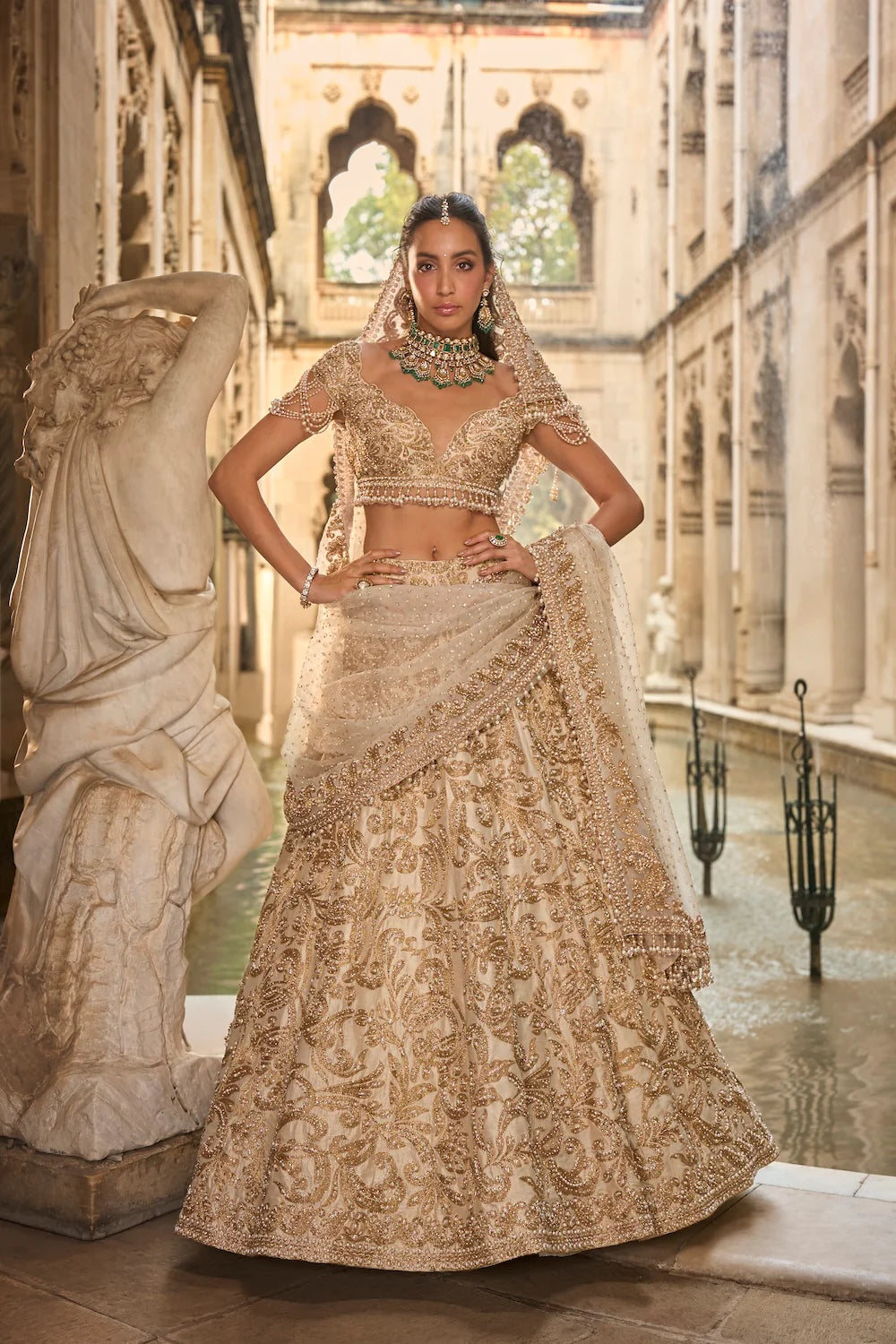 Seema Gujral - Beige &amp; Gold Lehenga Set