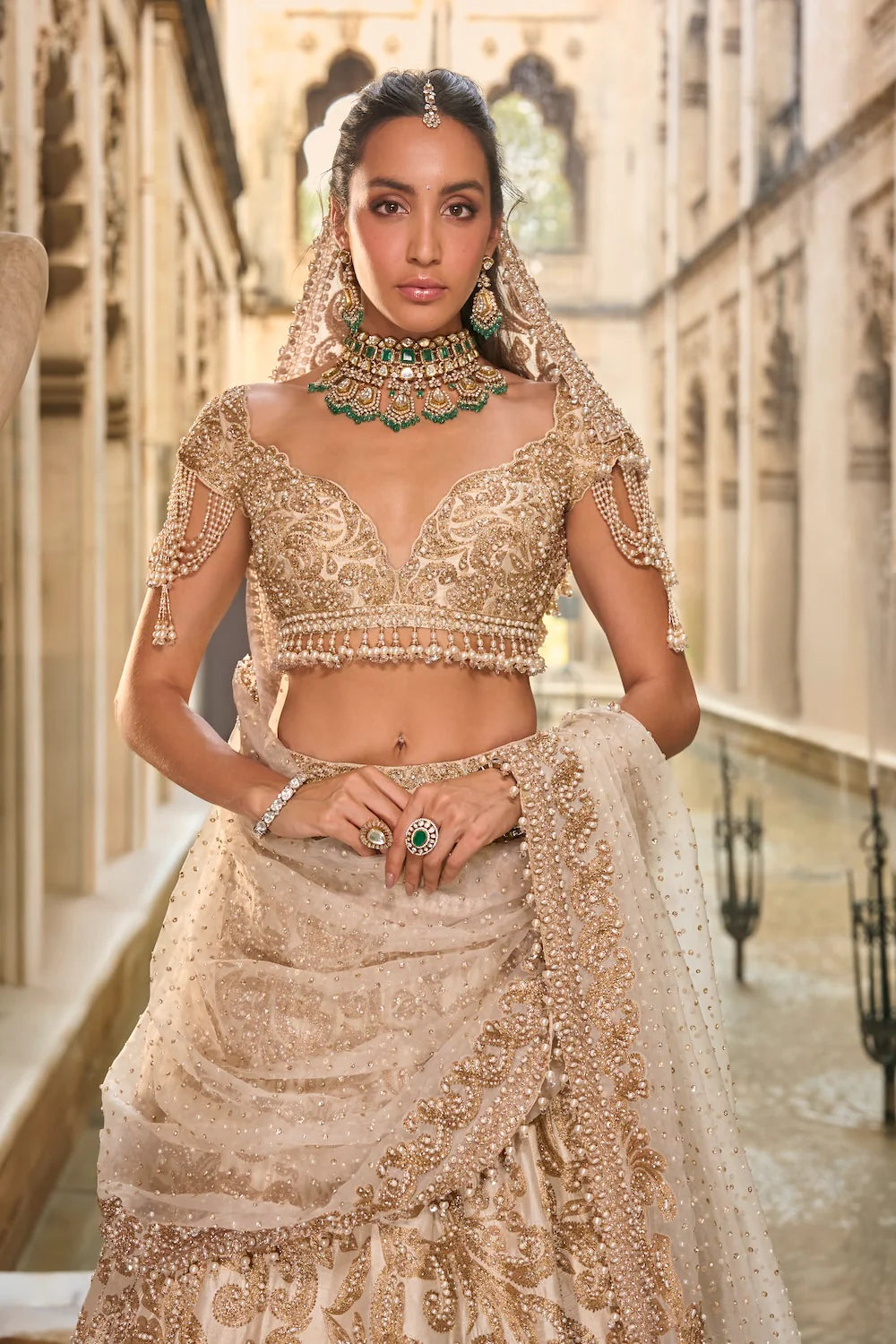 Seema Gujral - Beige &amp; Gold Lehenga Set